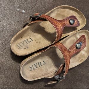 Myra Bag Brown Leather Floral-Tooled Toe-Post Sandals